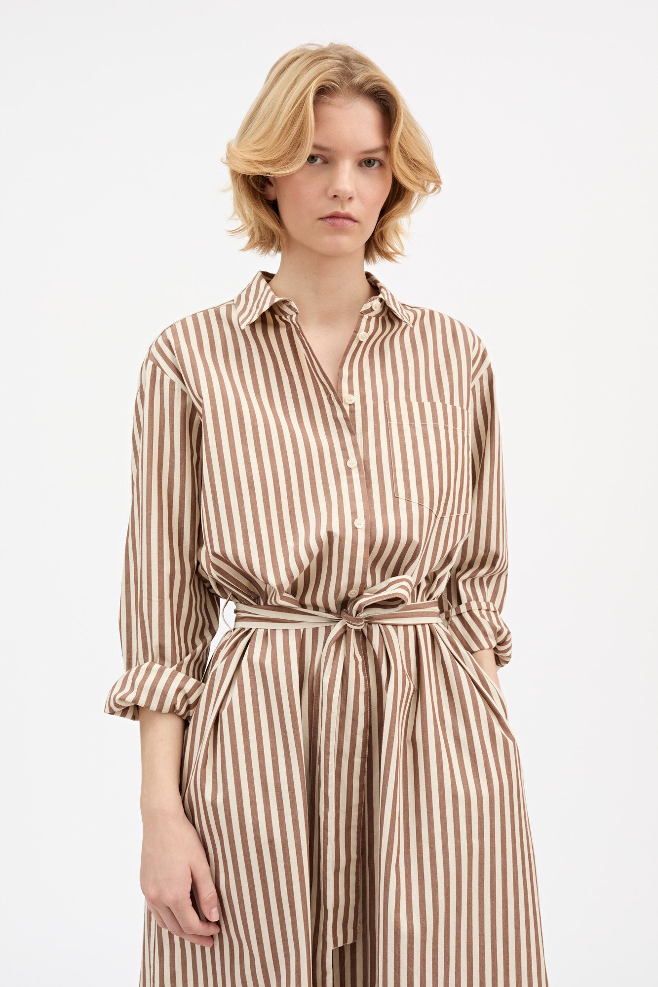 brown and white striped shirt dress Stripe Tie Waist Puff Sleeve Mini Shirt Dress
